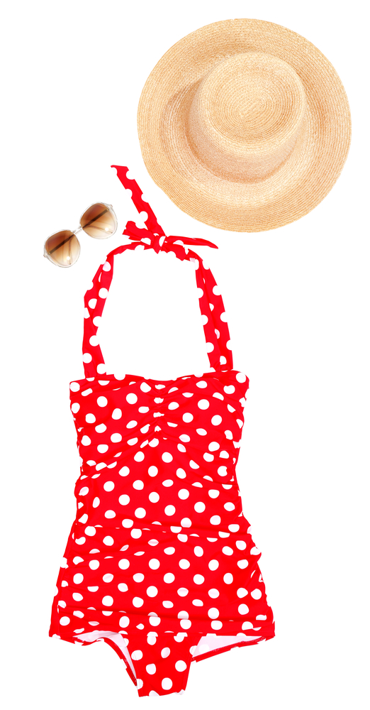 Swimwear outfit with ruched one piece, sunglasses and sunhat