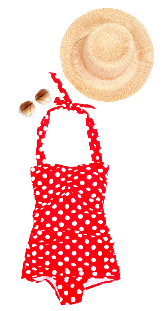 Swimwear outfit with ruched one piece swimdress, sunglasses and sunhat