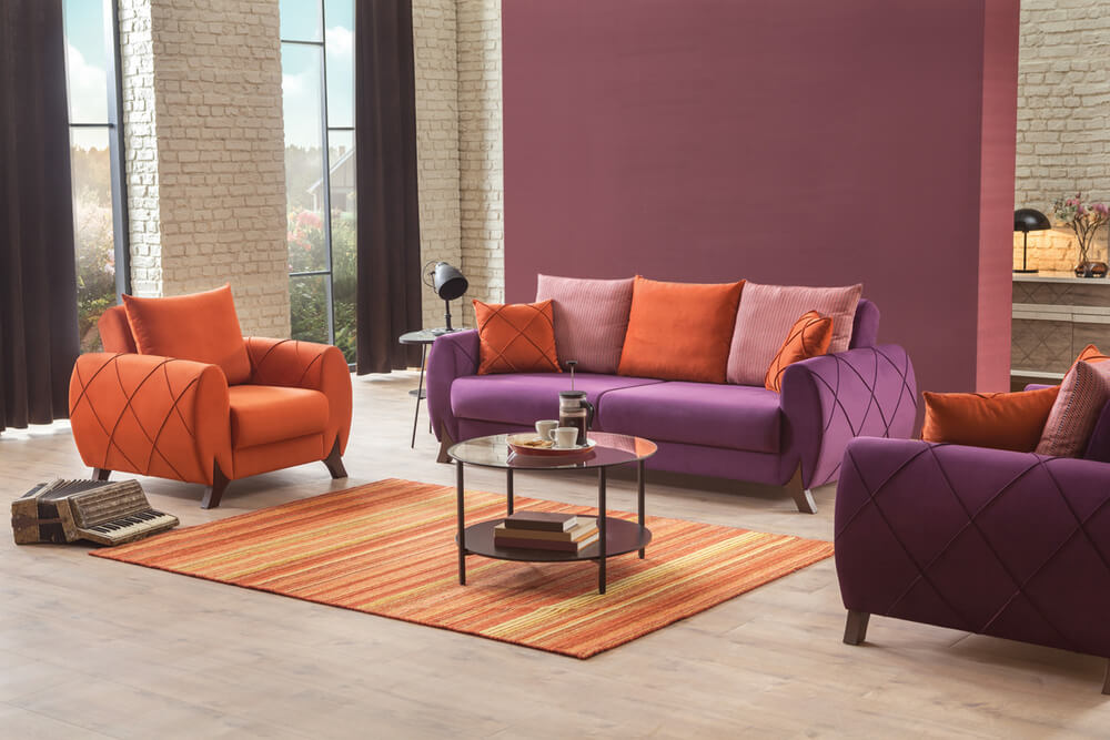 Purple and orange seventies-style bedroom