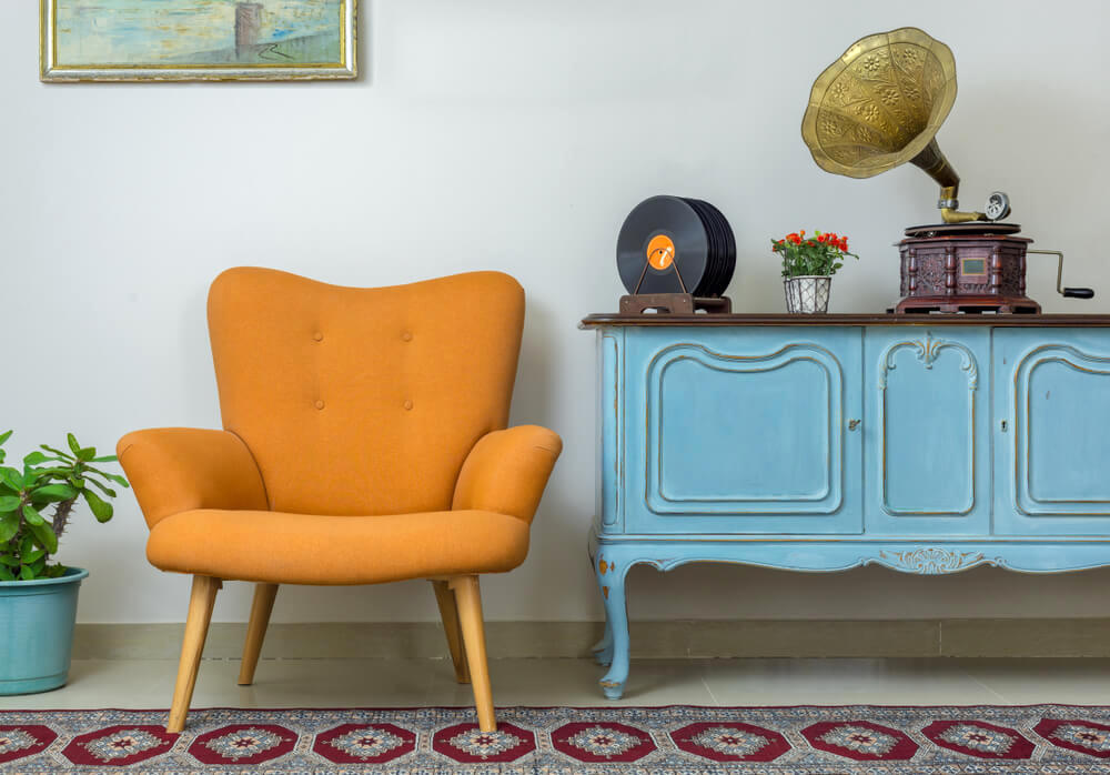 Vintage retro theme room, with blue cabinet and yellow seat