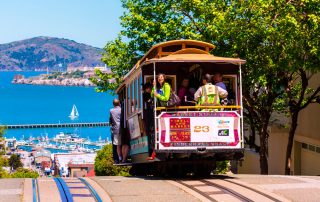 SAN FRANCISCO - APRIL 20, 2031: Cable car of Powell Hyde line, cable-car since 1873 are the world's last manually operated car system and are the icon of San Francisco, California on April 20, 2013.