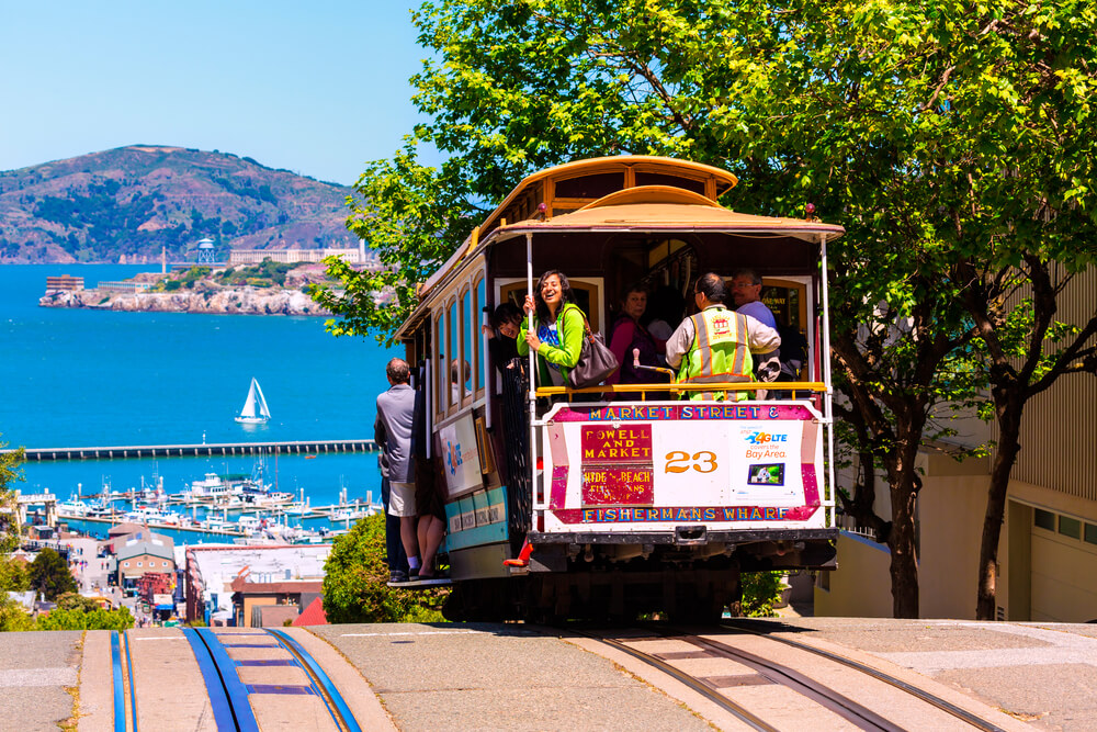 SAN FRANCISCO - APRIL 20, 2031: Cable car of Powell Hyde line, cable-car since 1873 are the world's last manually operated car system and are the icon of San Francisco, California on April 20, 2013.