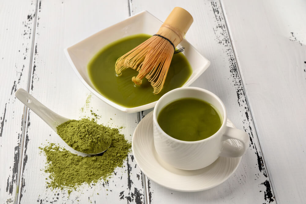 Matcha green tea powder and drink 